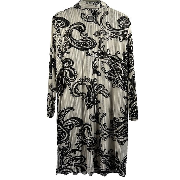 Chicos Travelers Collection Tunic Large Button Up Long Sleeve Mesh Black Tan - Picture 2 of 8